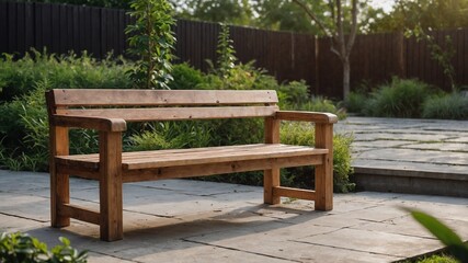 Obraz premium Rustic Wooden Bench in a Peaceful Garden with a Wooden Fence Background