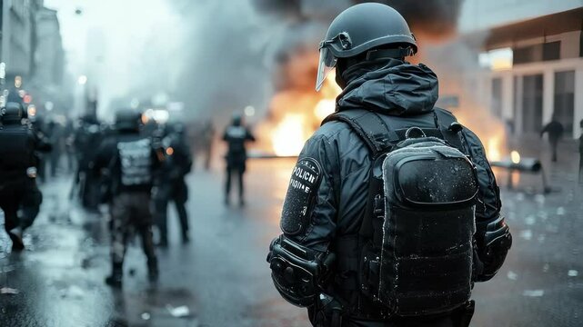 Riot eruption scene: flaming debris, chaotic noise, shattered barricade, defiant march, tearful protest, cracked pavement, loud clash, law enforcement, tense stare, public chaos, heated exchange