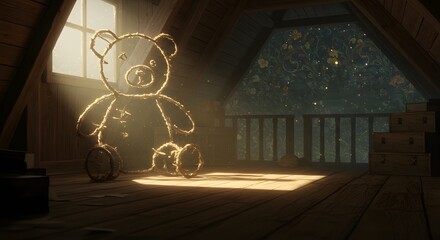 Toy Bear Silhouette Glowing in Attic Light on Wooden Floor