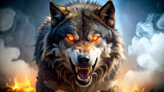 Enraged wolf with glowing eyes snarling among flames and smoke in a dark, mystical setting