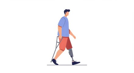 Disabled man walking with prosthetic leg and crutch in casual attire  