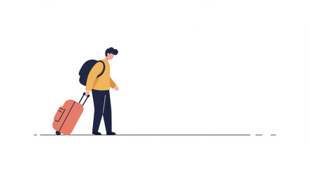 Disappointed person at airport walking with suitcase and backpack  