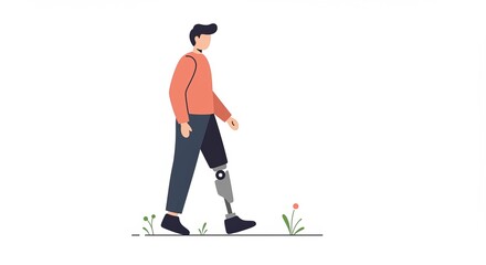 Disabled person walking with prosthetic leg in outdoor setting  