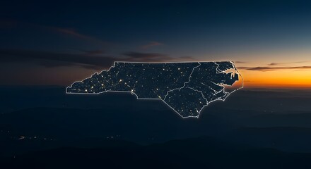 State Outline at Night with City Lights on Dark Horizon
