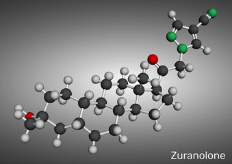 Zuranolone molecule. Neuroactive steroid used in the treatment of postpartum depression. Molecular model. 3D rendering