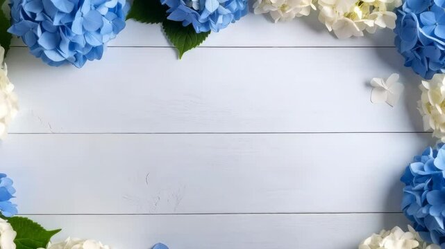 Floral frame of blue and white hydrangeas on light blue wooden planks, copy space for text and design, horizontal