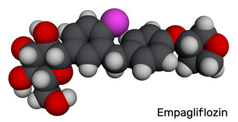 Empagliflozin molecule. SGLT2 inhibitor used to treat type 2 diabetes and lower blood glucose. Molecular model. 3D rendering