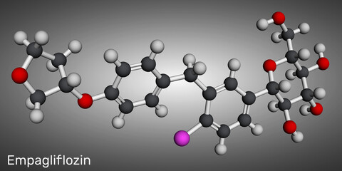 Empagliflozin molecule. SGLT2 inhibitor used to treat type 2 diabetes and lower blood glucose. Molecular model. 3D rendering