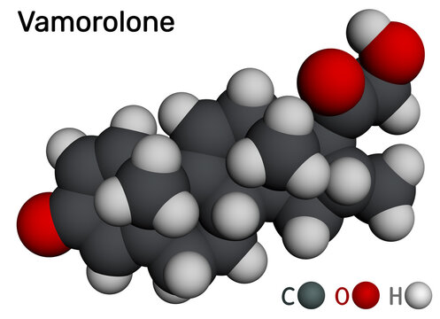 Vamorolone corticosteroid molecule. Synthetic steroid drug used to treat Duchenne muscular dystrophy. Molecular model. 3D rendering