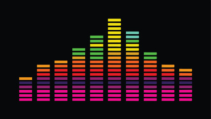 Vibrant fluorescent music equalizer bars in colorful vector design on transparent background