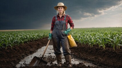 Farmer in Overalls with a Shovel in a Lush Green Field Under a Cloudy Sky