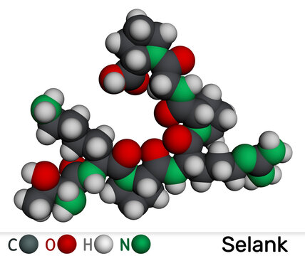 Selank molecule. Synthetic heptapeptide with anxiolytic and neuroprotective properties. Molecular model. 3D rendering