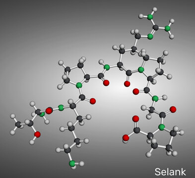 Selank molecule. Synthetic heptapeptide with anxiolytic and neuroprotective properties. Molecular model. 3D rendering