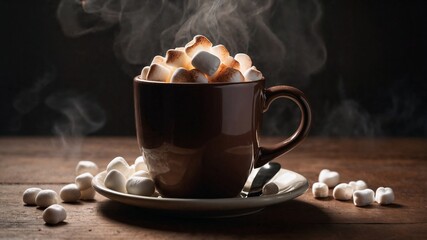 Steaming Hot Chocolate with Marshmallows in a Brown Mug on a White Background