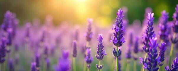 A field of vibrant purple lavender blossoms swaying gently in the breeze, bathed in soft sunlight Perfect for relaxation, aromatherapy, and nature themes , summer, english lavender, landscape