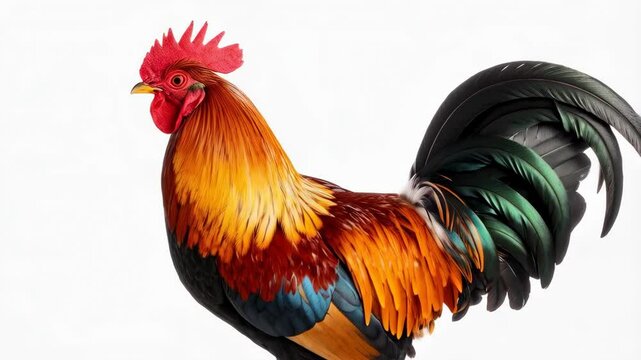 Magnificent rooster with vibrant plumage standing tall on a white background, showcasing its bright red comb and iridescent tail feathers