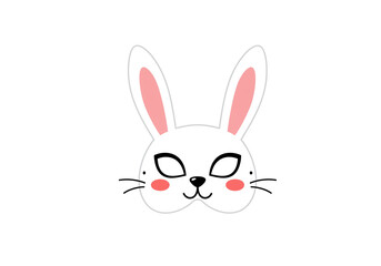 Fototapeta premium A white bunny mask with pink ears black eyes nose and whiskers on a white background illustration