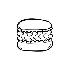 Macaron with cream in simple hand drawn doodle style. Sweet pastry outline icon. Cute minimalist doodle vector illustration. Great for dessert packaging, cafe menus, and sweet branding.