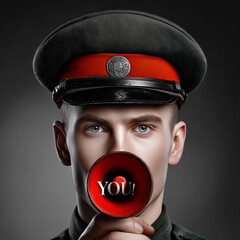 An authoritarian figure in a military uniform makes a direct appeal or command with the word YOU! in a megaphone, in the style of a propaganda poster.