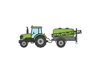 A cartoon green and yellow tractor with a sprayer attachment on a white background is visible here now