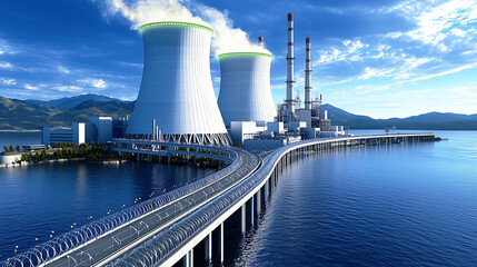 A clean and modern nuclear power plant on a coastal peninsula represents the future of sustainable energy and advanced technology.