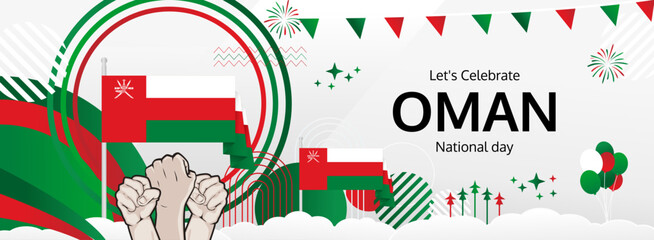 Oman National Day modern greeting banner. 18 November as Oman National Independence Day. Festive horizontal background with flag colors, great for carnival poster, celebrations, holidays flash sale