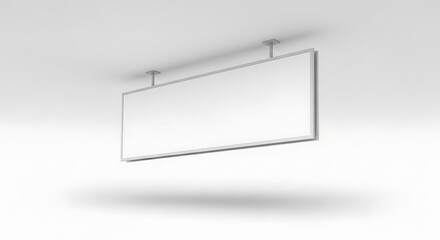 Empty Hanging White Billboard With Shadow On Plain White Background For Advertising.