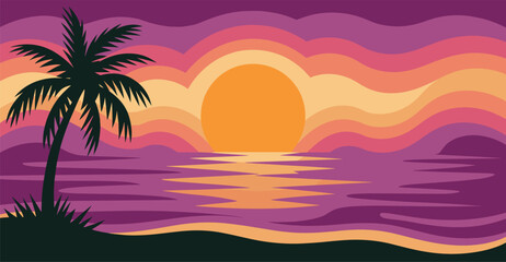 Vibrant Sunset Landscape Palm Tree Silhouette at Dusk - Vector Illustration