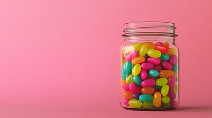 A glass jar filled with vibrant jelly beans placed on a solid background