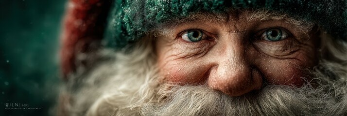 Cheerful older man with snowy beard and vibrant blue eyes wearing a festive hat during winter holidays