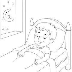 Black and white illustration of a happy boy sleeping in bed at night. Cartoon coloring page with moon smiling through the window. Bedtime scene for kids
