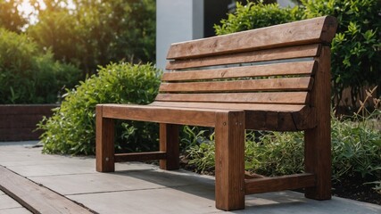 Rustic Wooden Bench in a Tranquil Garden Setting with Soft Natural Light