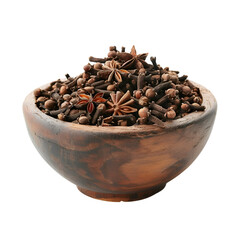 Obraz premium Wooden Bowl of Dried Cloves and Star Anise on transparent background
