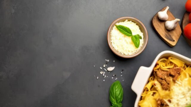 Pasta bake in ceramic dishes with Parmesan, basil leaves, tomatoes and garlic on textured dark background, top view, copy space