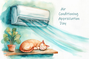 Air Conditioning Appreciation Day. Watercolor illustration of a sleeping cat beside an air conditioning unit celebrating Air Conditioning Appreciation Day