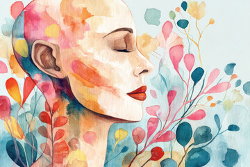 International Women with Alopecia Month. Watercolor illustration of a serene woman with alopecia surrounded by vibrant foliage and colorful abstract elements