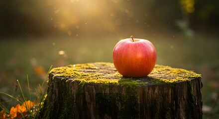 Red Apple on Mossy Tree Stump in Golden Sunlight Outdoors