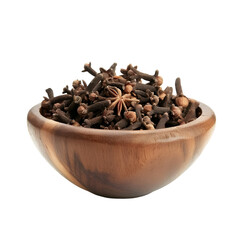 Wooden Bowl of Dried Cloves and Star Anise on transparent background
