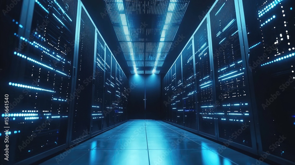 Leinwandbilder High-tech data center corridor with illuminated server racks and glowing blue lights, symbolizing secure digital infrastructure, cloud networking, and IT operations