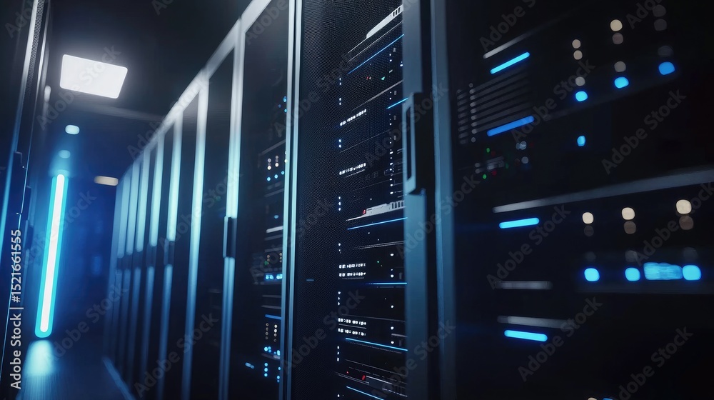 Aufkleber Dimly lit data center with illuminated server racks and glowing hardware panels, depicting secure cloud systems, modern IT infrastructure, and digital connectivity