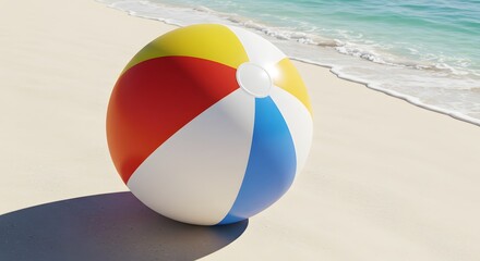 Beach Ball Resting on Sand by Ocean Waves in Summer