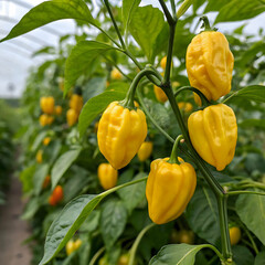  Green and Yellow Habanero Peppers on a Plant