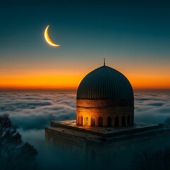 Sunset Behind Mosque with Crescent – Eid Milad un Nabi Landscape