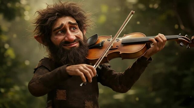 A whimsical gnome playing a violin in a forest