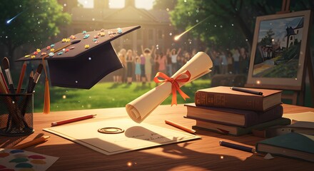 Graduation Celebration Still Life with Cap Diploma and Art