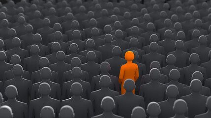 Obraz premium A striking image of a single bright orange figure standing out among a crowd of gray silhouettes, symbolizing individuality and uniqueness.