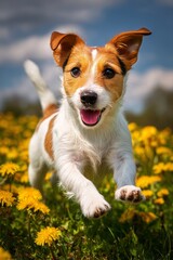 Playful Dog Runs Joyfully Through a Field of Yellow Flowers on a Sunny Day