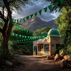 Green Domed Mosque with Banners – Eid Milad un Nabi Celebration Setup