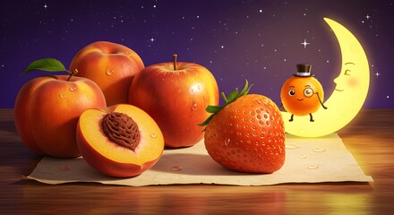Whimsical Fruits and Moon Illustration with Gentle Lighting