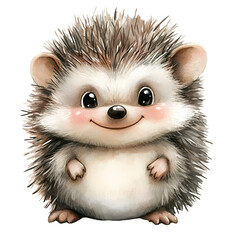 Fototapeta premium Cute baby hedgehog in a sitting position with adorable features and playful expressions. Animal character with smiling face and big eyes. Watercolor illustration isolated on transparent background.